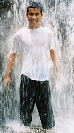 Swimming in hiking poncho